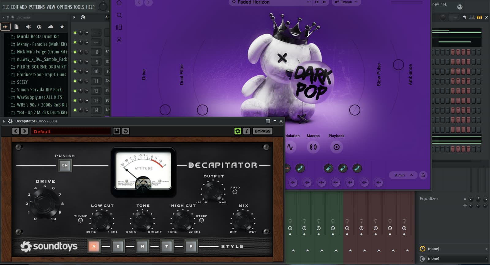 Session FL Studio avec banques de drums et saturation Soundtoys Decapitator