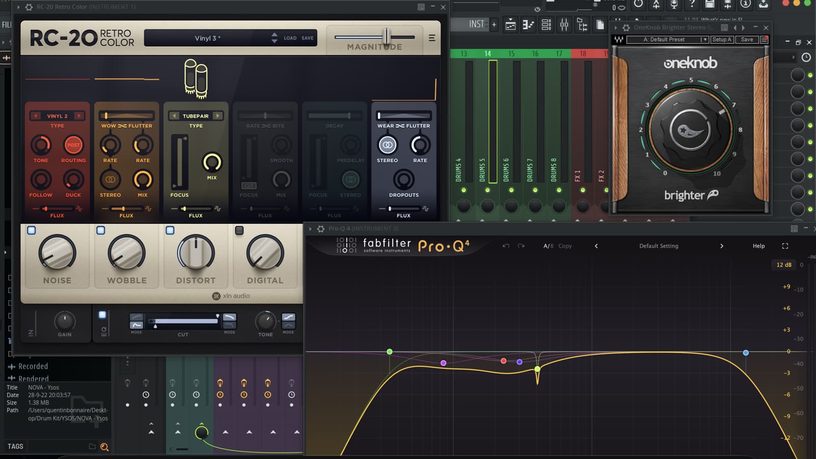 Session FL Studio avec plugins de sound design (RC-20, FabFilter Pro-Q, Waves)