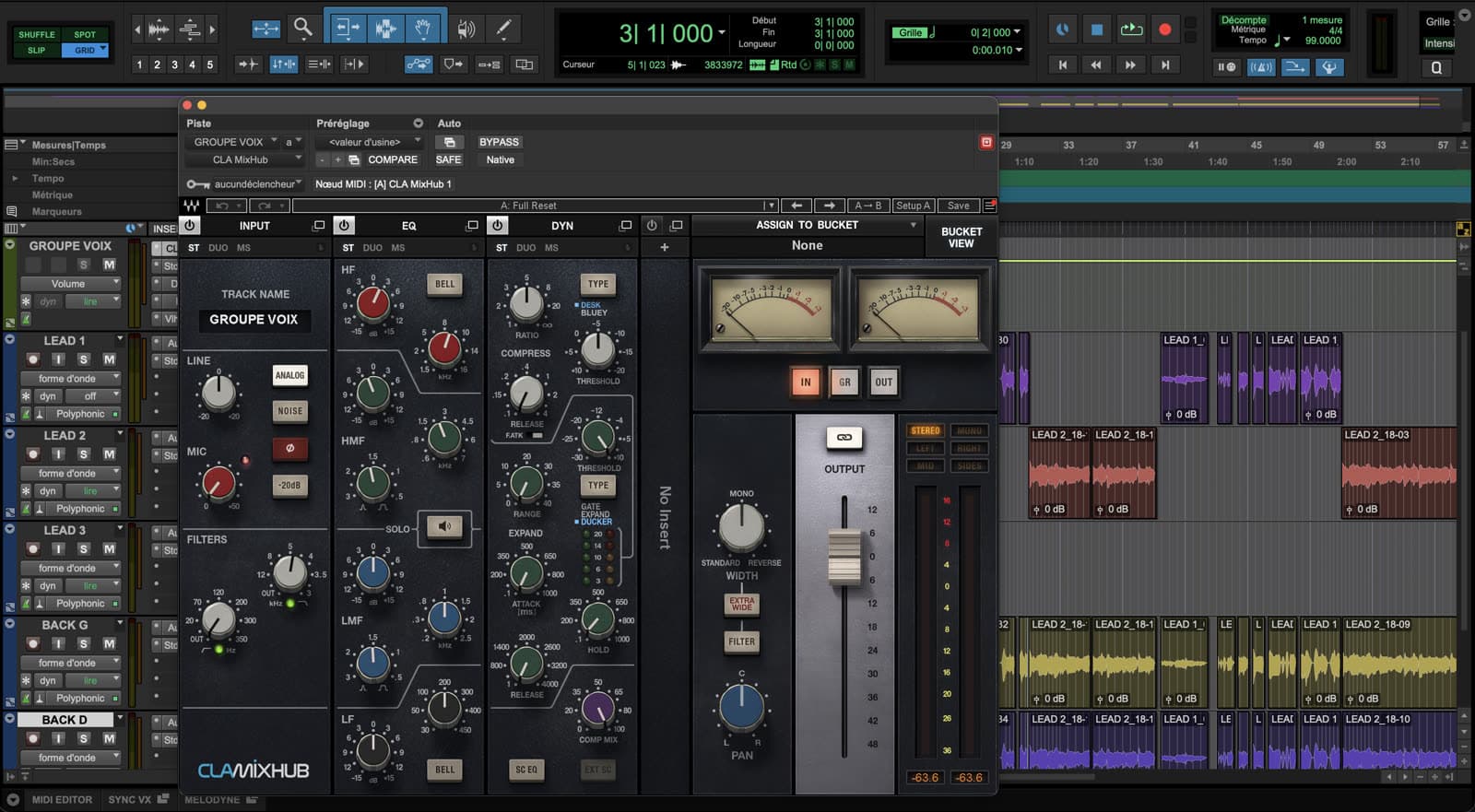 Session de mix vocal sur Pro Tools avec channel strip et multitracks
