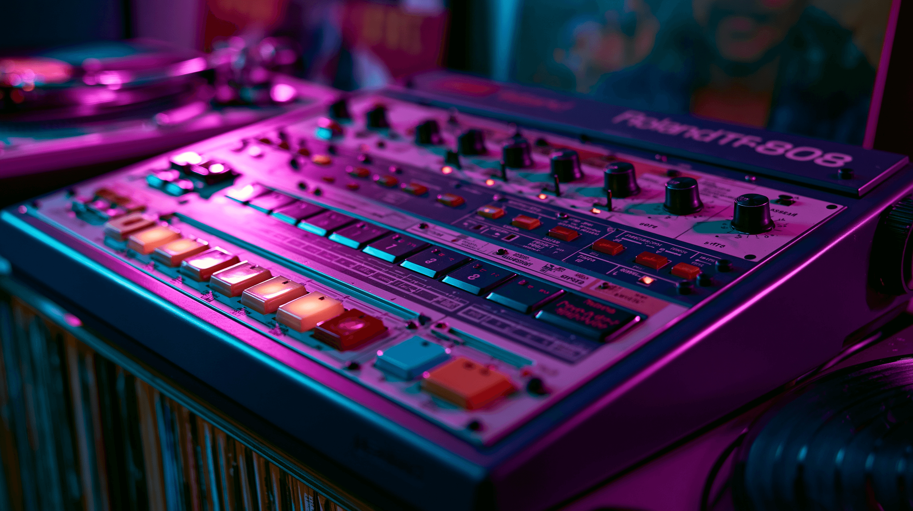Roland TR-808 en gros plan, lumière magenta dramatique, vinyles en arrière-plan