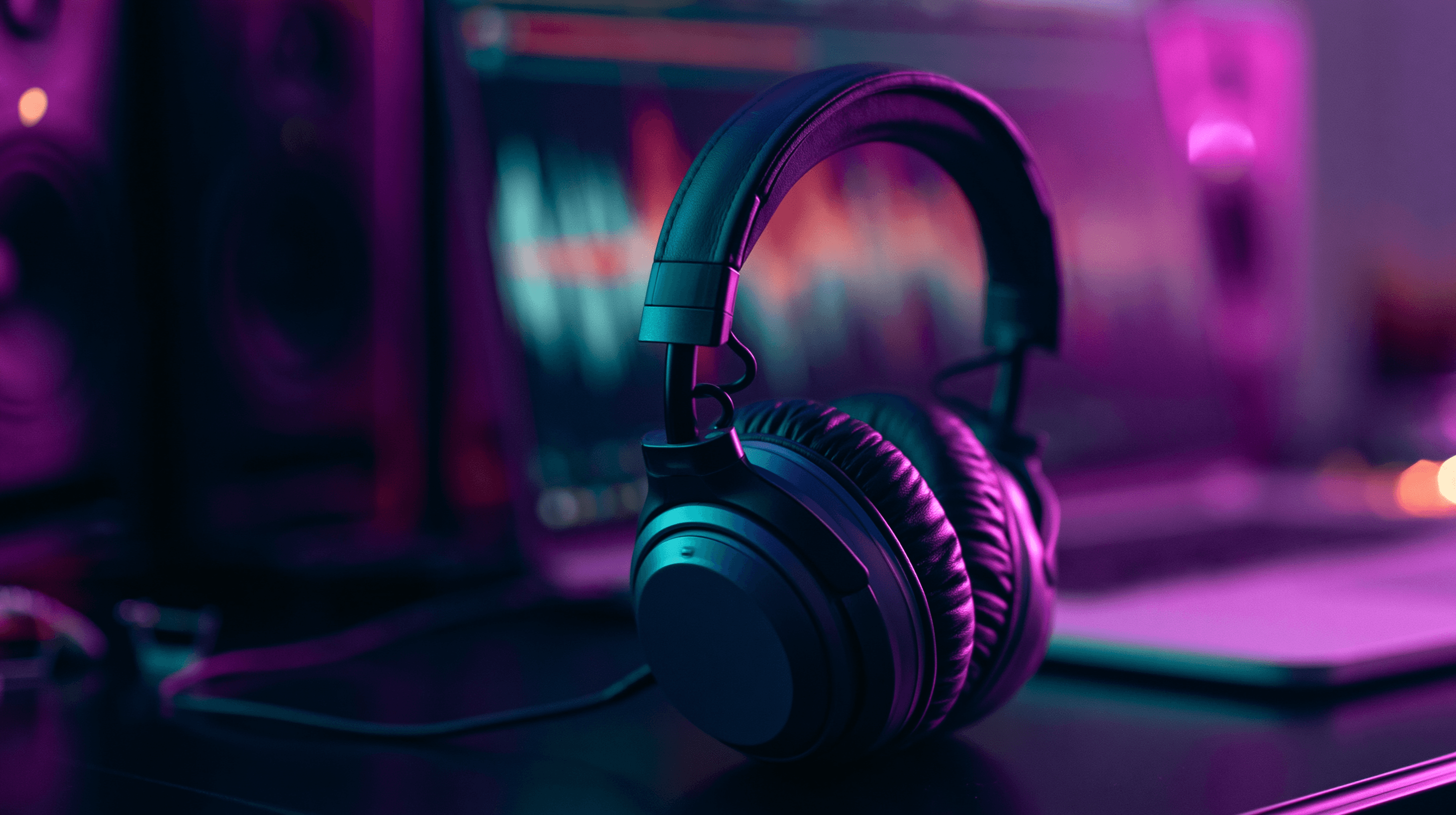 Casque audio premium sur un bureau sombre devant un laptop avec waveforms