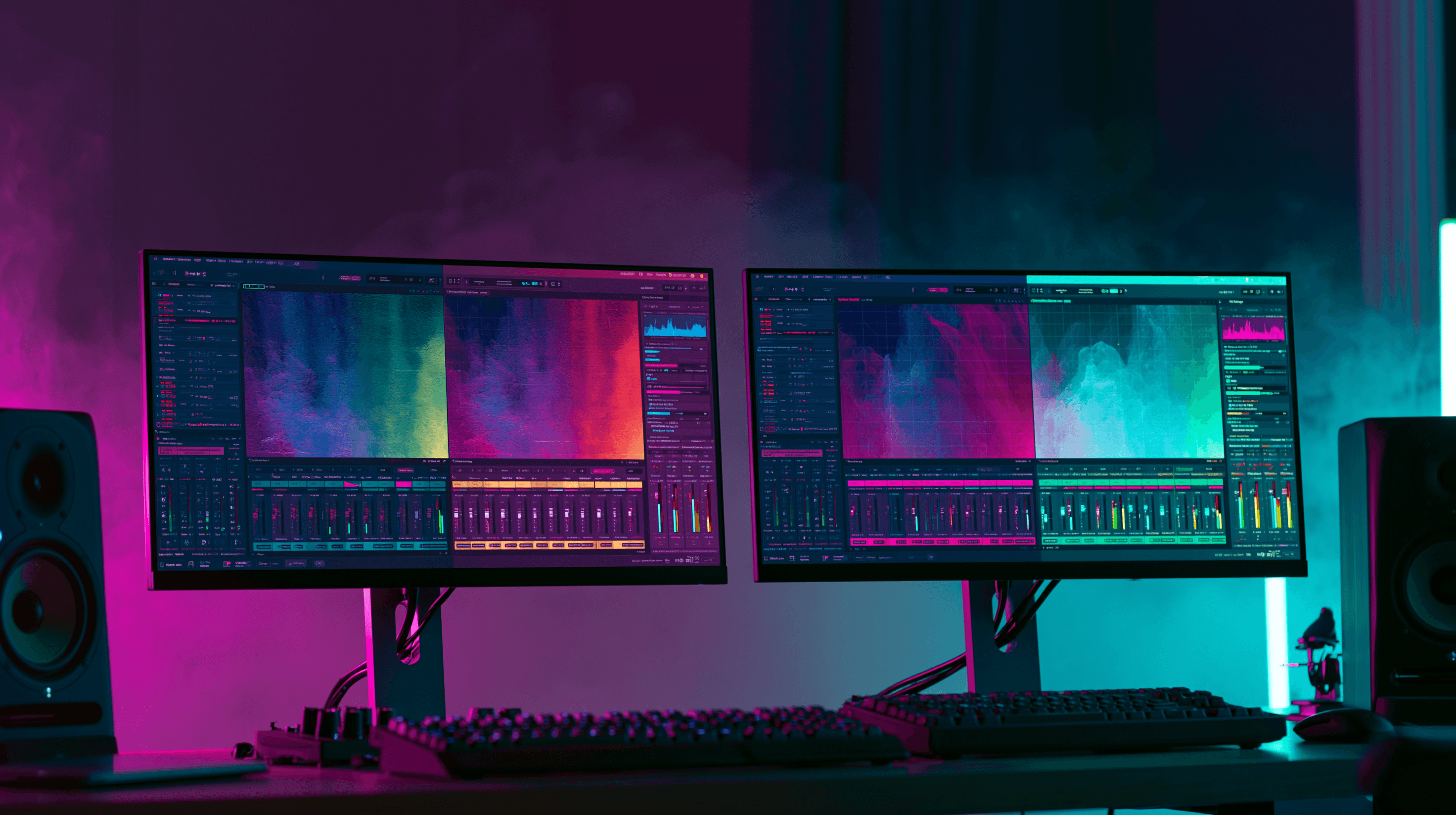 Deux écrans côte à côte montrant des interfaces audio, lumière split violet et cyan