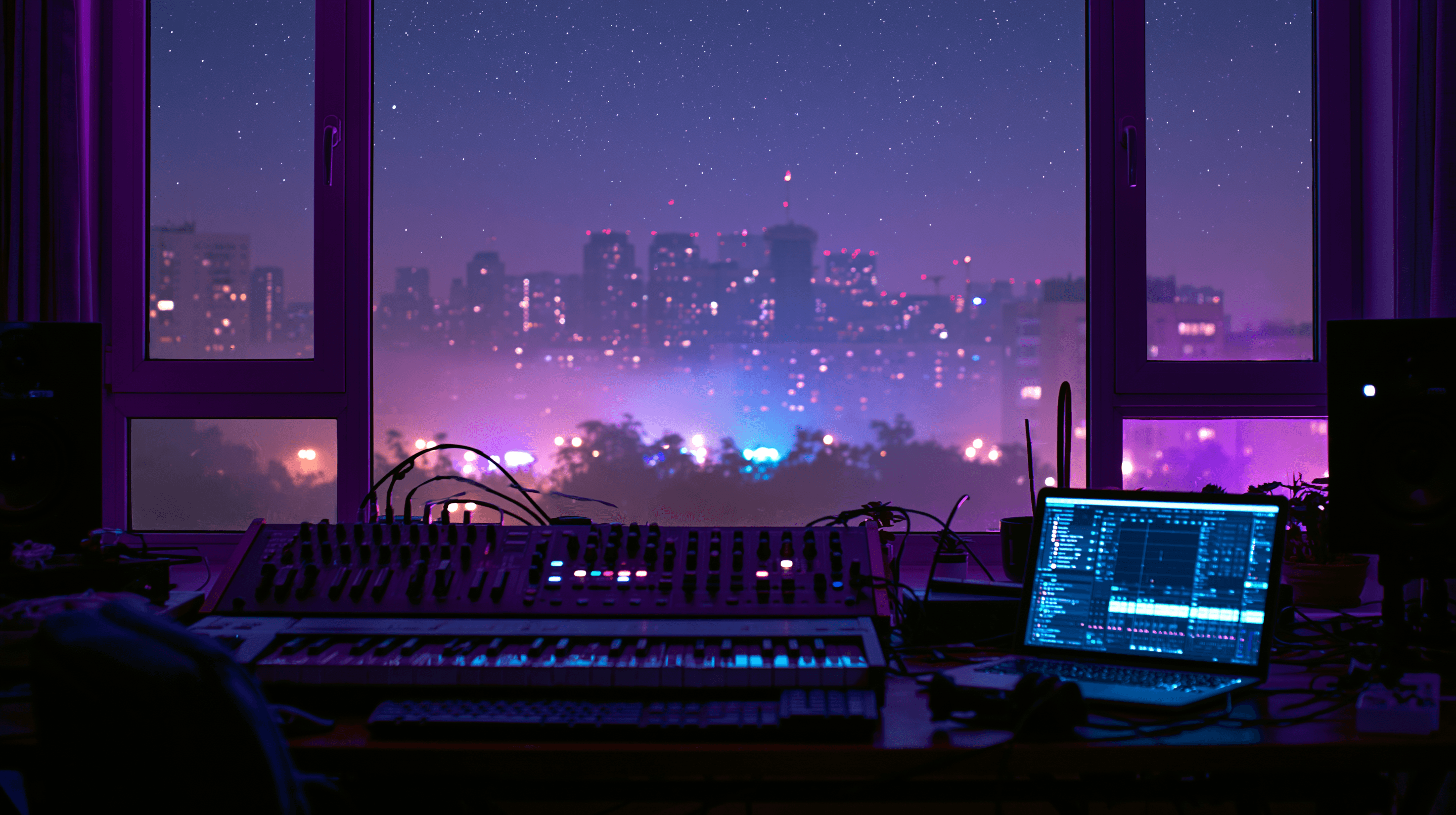 Vue de studio à 2h du matin, ciel étoilé et clavier de synthétiseur