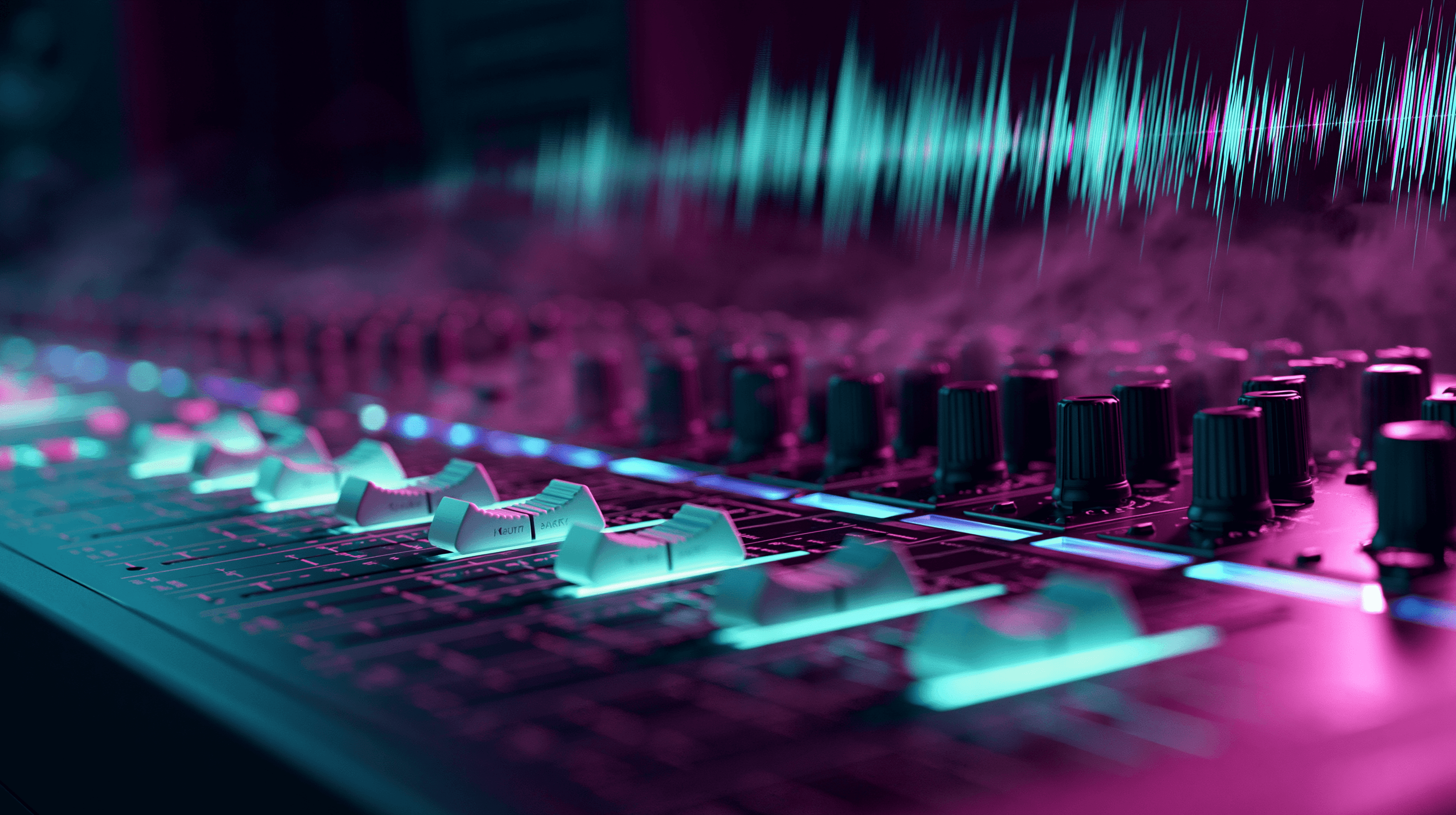 Console de mixage professionnelle avec faders rétroéclairés cyan et mint