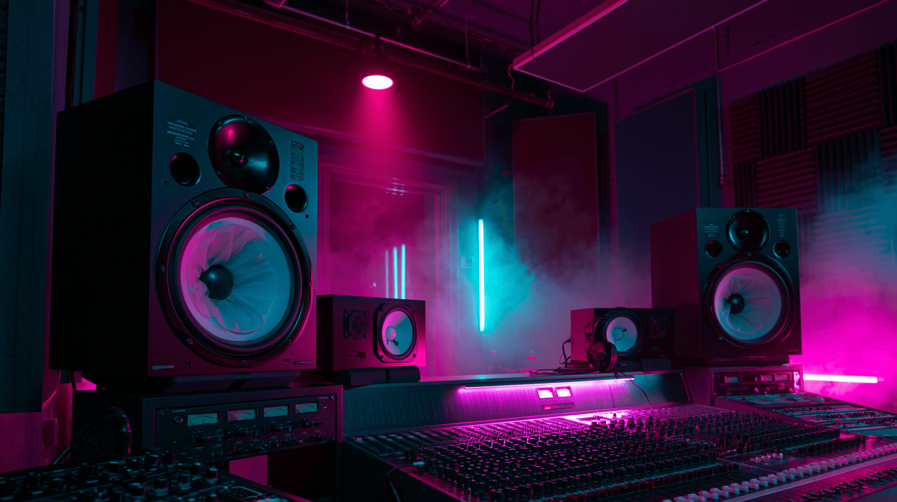 Régie studio professionnelle de nuit, enceintes de monitoring à tweeter ruban