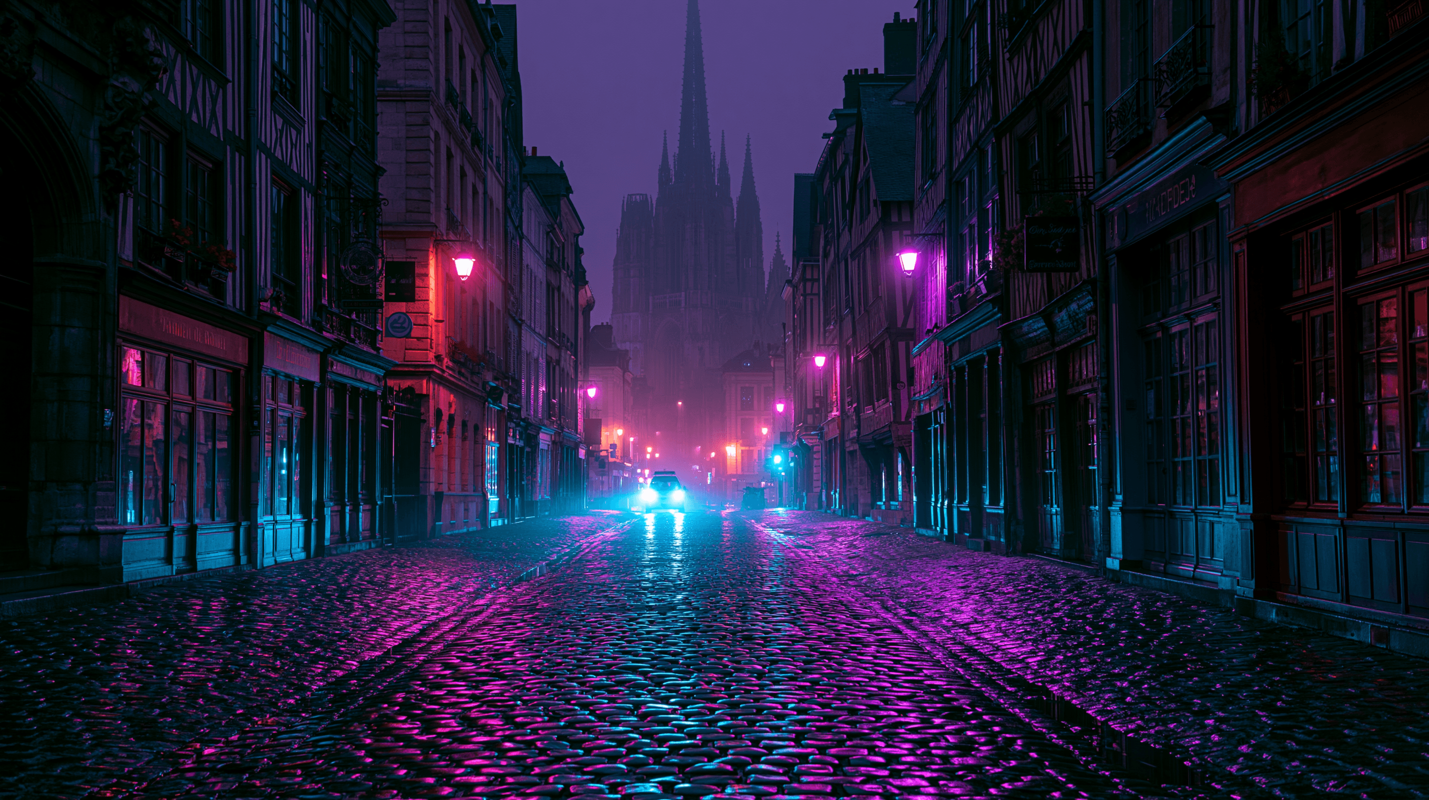 Vue nocturne de Rouen avec la cathédrale en silhouette, néons violet et cyan