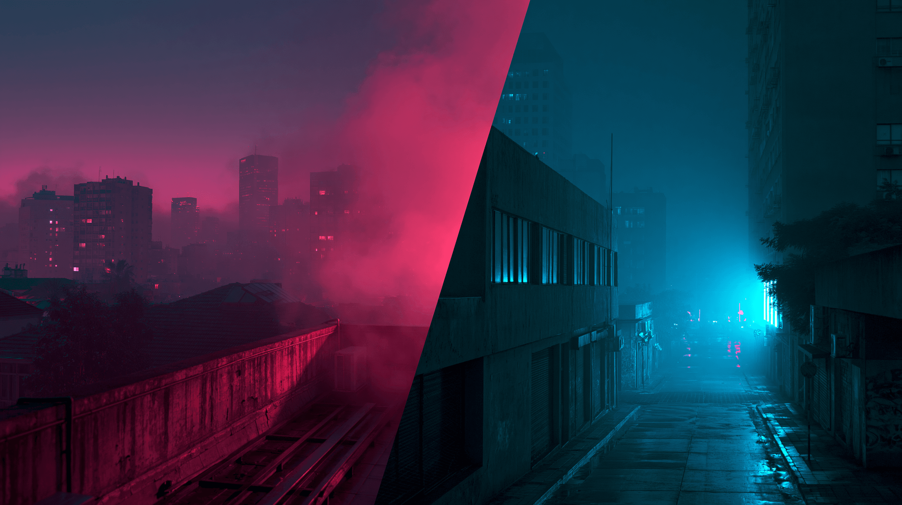 Composition split entre un toit urbain au crépuscule et une rue en béton la nuit