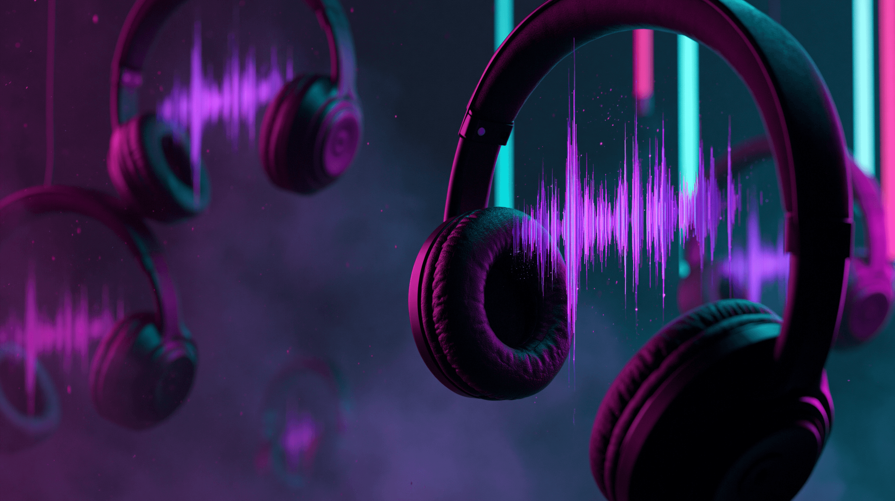 Marketplace de type beats FR, casque et waveforms en lumière violet et cyan