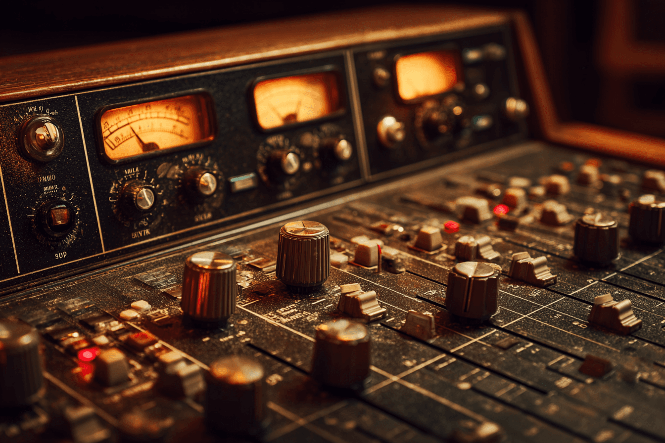 Gros plan sur une console analogique avec vu-metres orange.