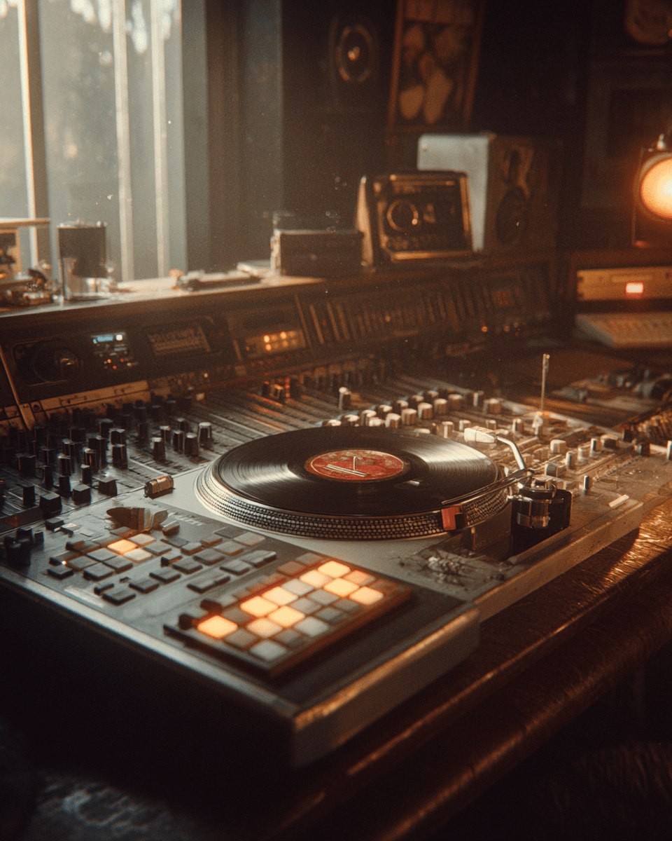 Studio retro avec table de mixage, platine vinyle et sampler.