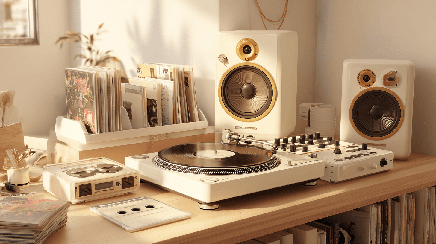 Coin studio lumineux avec platine, enceintes et collection de vinyles.